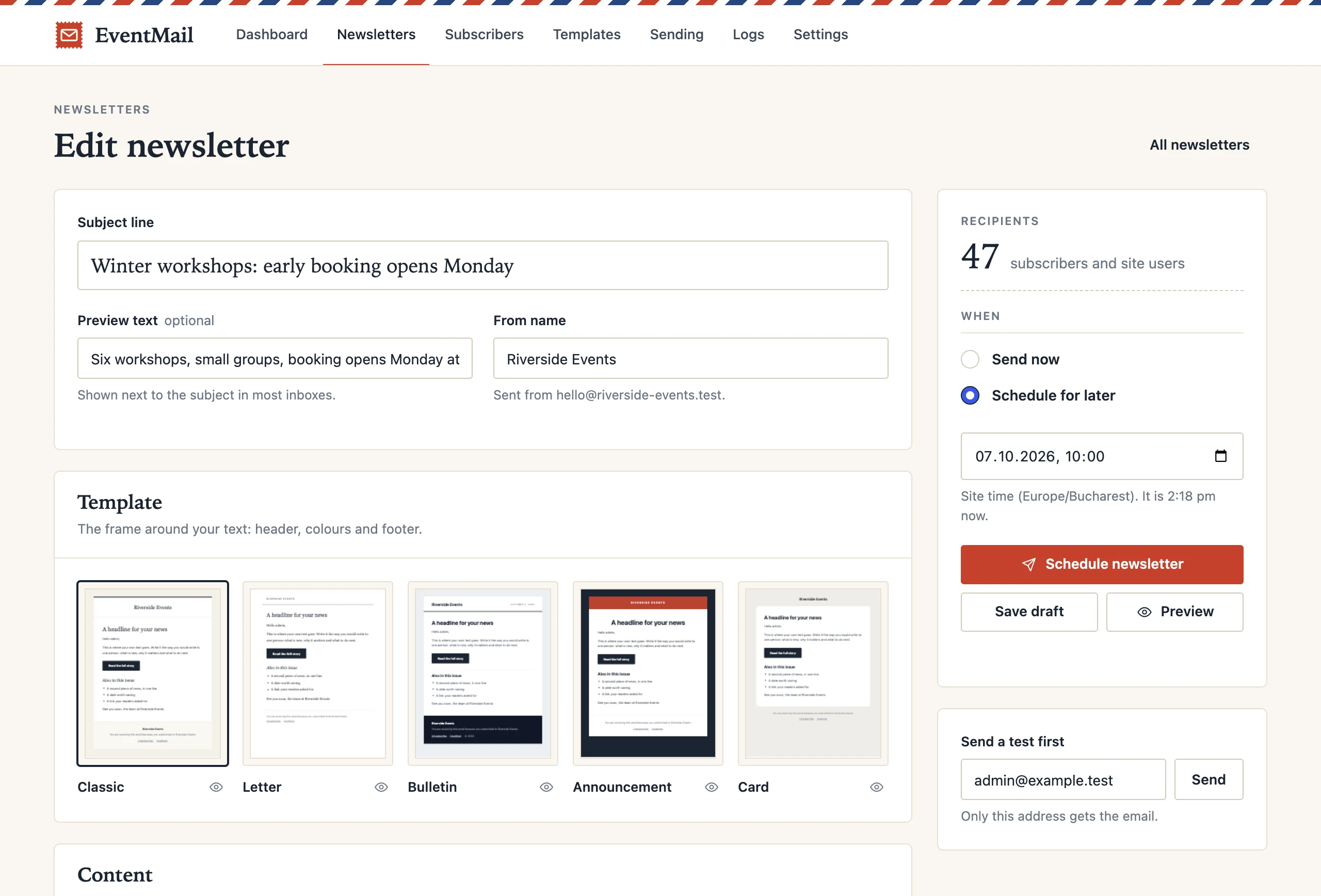The EventMail composer in the WordPress admin: subject line, a choice of five templates, and the send and schedule controls.
