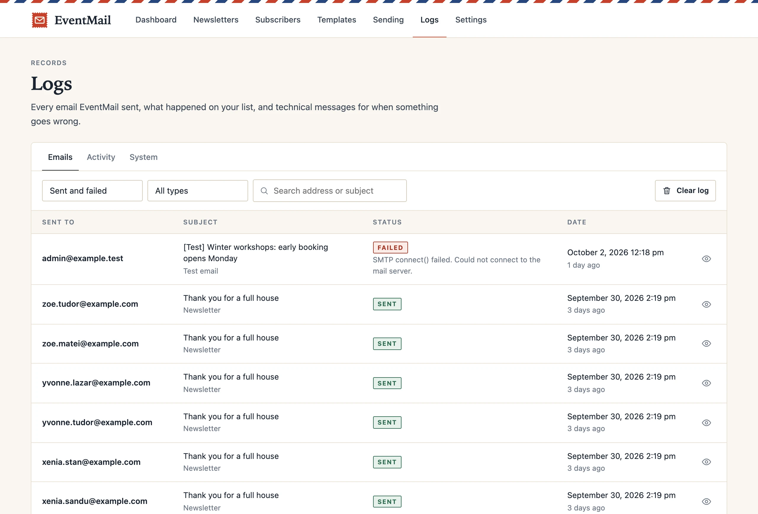 The Logs screen: a list of emails with recipient, subject, sent or failed status and date.